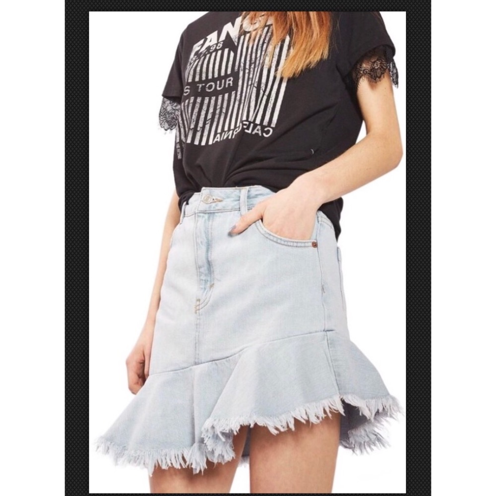 Topshop Moto asymmetrical fringe jean skirt US 6